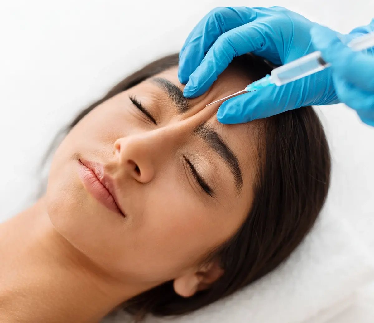 Woman with her forehead pinched by a practitioner while she gets a Dysport injection at Liquivida