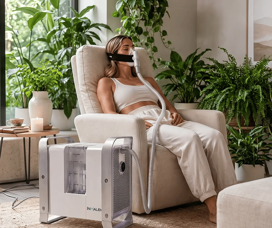A woman relaxes in a chair while using InhaleH2 for molecular hydrogen therapy